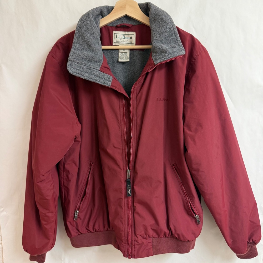 L.L.Bean Warm Up Mens Burgundy Fleece Lined Zip Up Bomber Racer Jacket Outdoor M